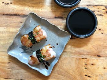 High angle view of sushi on table