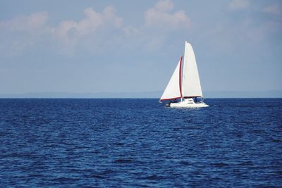 Sailboat sailing on sea against sky