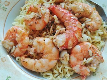 Close-up of pasta prawns in plate