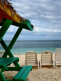 Scenic view of beach against cloudy sky