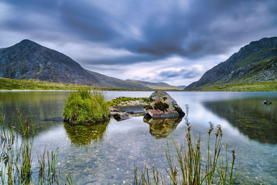 Scenic view of lake and mountains against sky