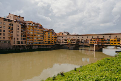 Bridge over river by buildings against sky