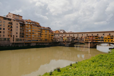 Bridge over river by buildings against sky