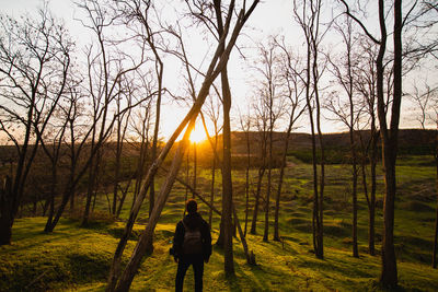 Rear view of man walking on field