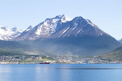 Scenic view of snowcapped mountains against clear sky