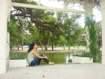 Young woman sitting by tree