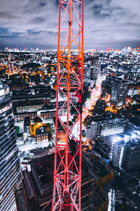 Aerial view of suspension bridge at night