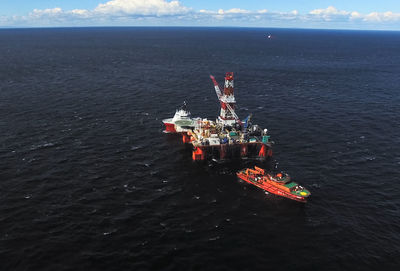 High angle view of ship in sea