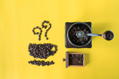 High angle view of coffee cup on table