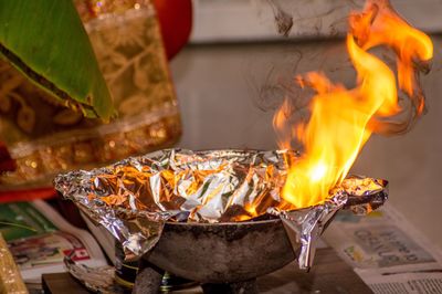 Close-up of food on barbecue grill