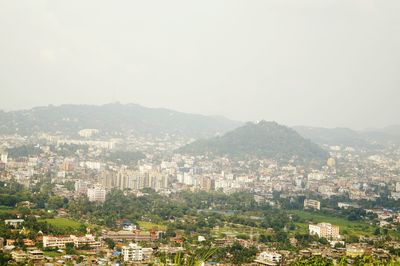 High angle view of town against clear sky