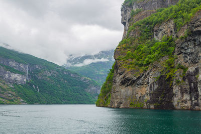 Panoramic view of geiranger fjord near geiranger seaport, norway. norway travel background