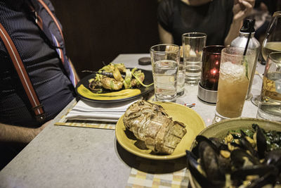 High angle view of food on table in restaurant