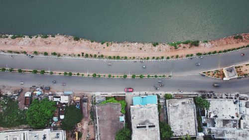 High angle view of road amidst buildings in city