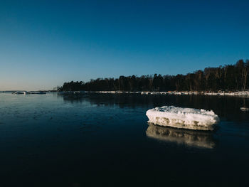 Scenic view of lake against clear blue sky