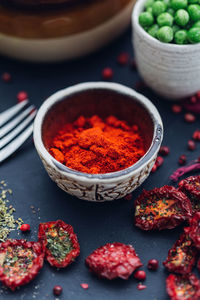 Close-up of red chili peppers in bowl on table