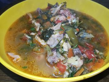 High angle view of soup in bowl