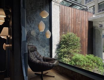 Potted plants by window in building