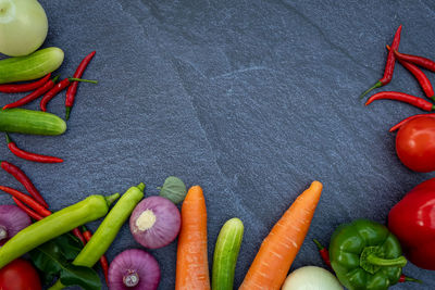 High angle view of chili peppers