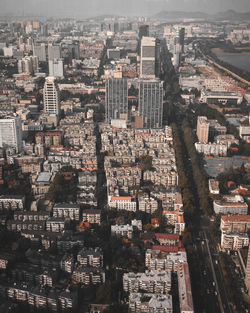 High angle view of modern buildings in city