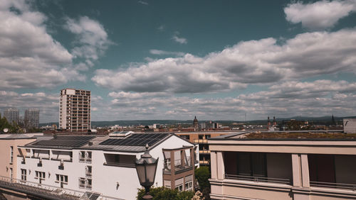 High angle view of buildings against sky