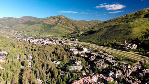 High angle view of buildings against sky