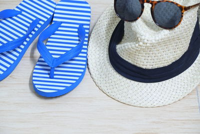 High angle view of hat on table