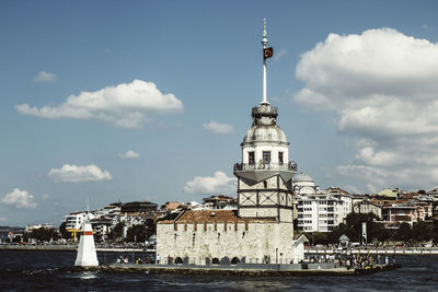 View of building by sea against cloudy sky