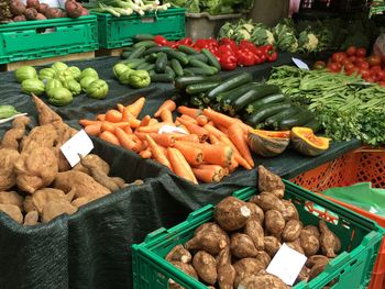 High angle view of vegetables for sale at market stall