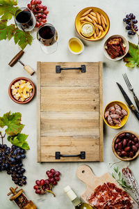 Directly above shot of food and drinks on table