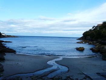 View of calm beach against cloudy sky