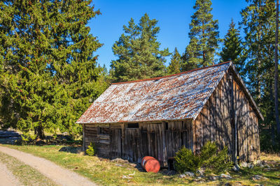 House amidst trees and plants against blue sky