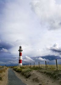 Lighthouse by sea against sky