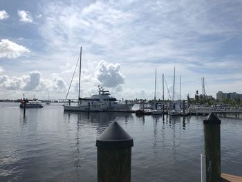 Sailboats moored in harbor