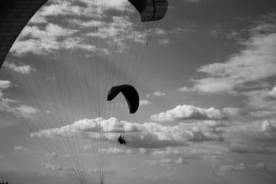 Low angle view of people paragliding against sky