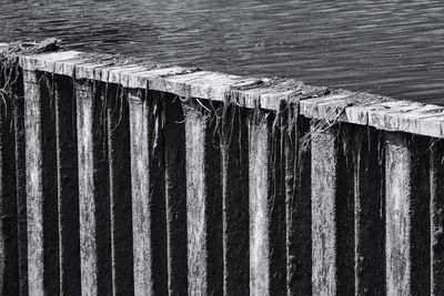 Close-up of icicles on roof against sea