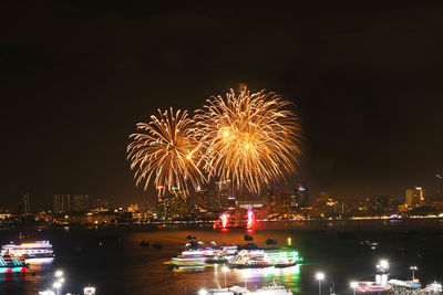 Firework display over city at night