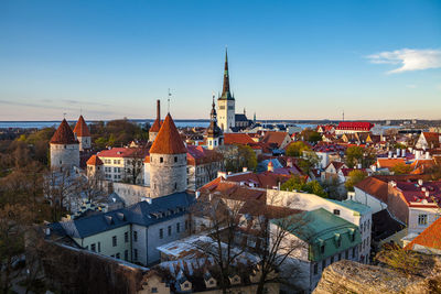 High angle view of town against sky