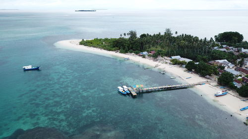 High angle view of ship sailing on sea