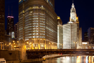 View of city lit up at night