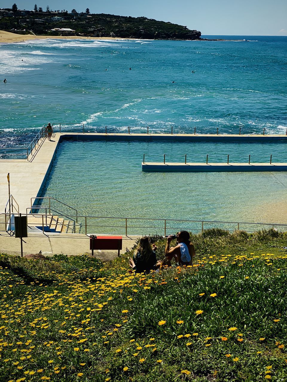 HIGH ANGLE VIEW OF PEOPLE AT BEACH AGAINST SEA