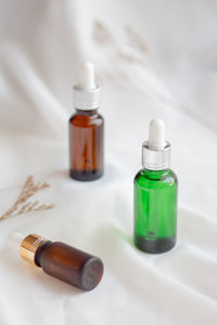 High angle view of bottles on table