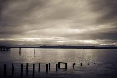 Scenic view of lake against cloudy sky