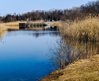 Scenic view of lake against clear blue sky
