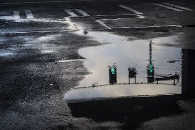Reflection of snow in puddle on road