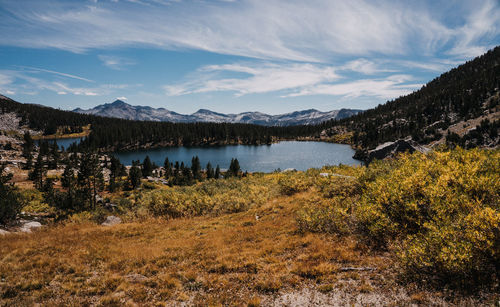 Scenic view of lake and mountains against sky