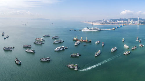 High angle view of boats in sea