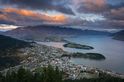 Aerial view of cityscape against cloudy sky