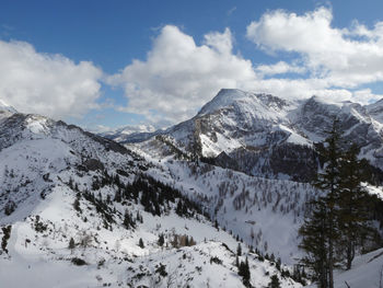 Scenic view of snow covered mountains against sky