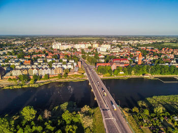 High angle shot of townscape against sky